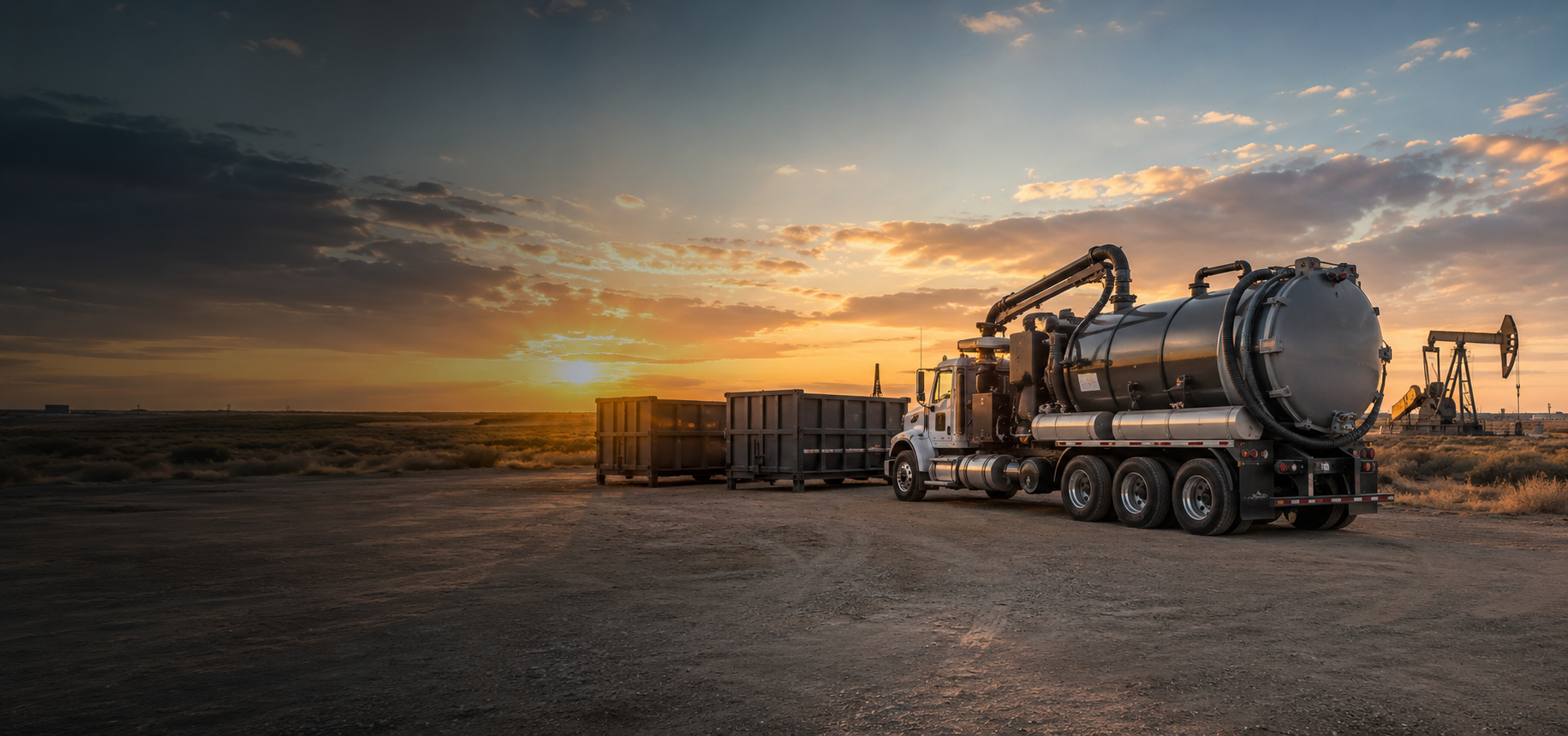 Vacuum truck and roll-off containers at a Permian Basin oilfield site